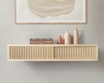 Wooden floating table, handmade floating console, dressing table with 2 slider doors