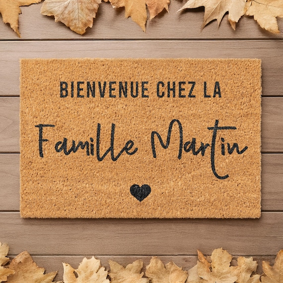 Paillasson coco personnalisé avec nom de famille | Bienvenue chez la famille | Cadeau mariage | Cadeau crémaillère | Tapis d’entrée