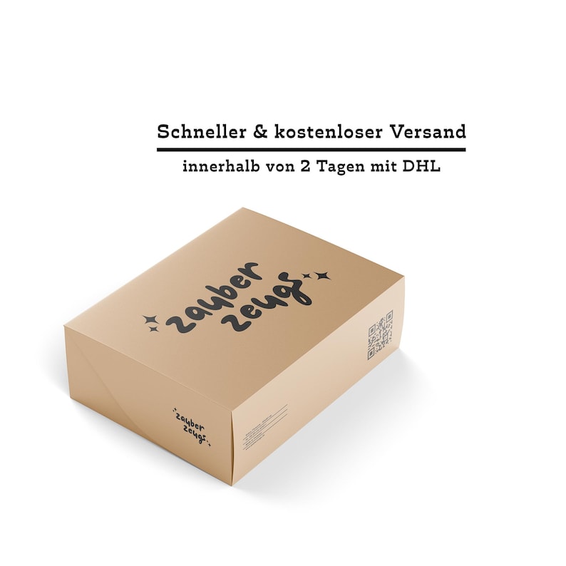 May include: A brown cardboard box with the text "zauber zeugs" in black lettering. The box has a QR code on the side. The text "Schneller & kostenloser Versand innerhalb von 2 Tagen mit DHL" is above the box.