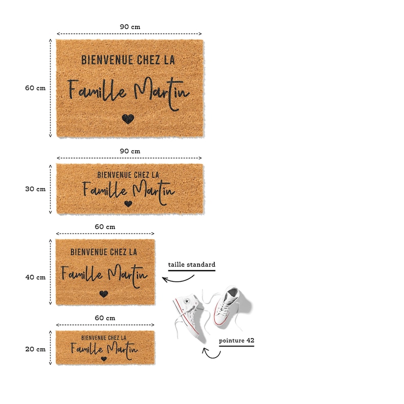 May include: A set of four rectangular doormats made of natural coir fiber. Each mat features the text "BIENVENUE CHEZ LA Famille Martin" in a handwritten style, with a black heart. The largest mat is 35 inches wide and 24 inches tall.