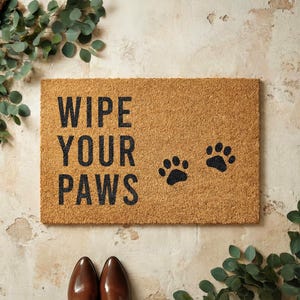 Fußmatte aus Kokos „Wipe Your Paws“ | Lustige Türmatte | Geschenk für Hundebesitzer | Willkommensmatte für Haustür | Eingangsbereich
