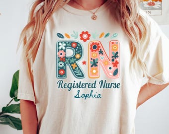 Registered Student Nurse Floral Comfort Colors Tee, Personalized RN Shirt, Nursing School