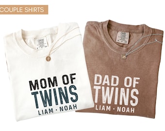 Custom Twin Mom Dad Shirt Comfort Colors®, Matching Parents Of Twins Outfit Gifts, Twin Pregnancy Reveal Gift, Pregnancy Announcement Tee