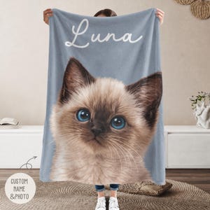 Custom cat photo blanket with personalized name, cozy pet portrait throw, best friend bestie gift