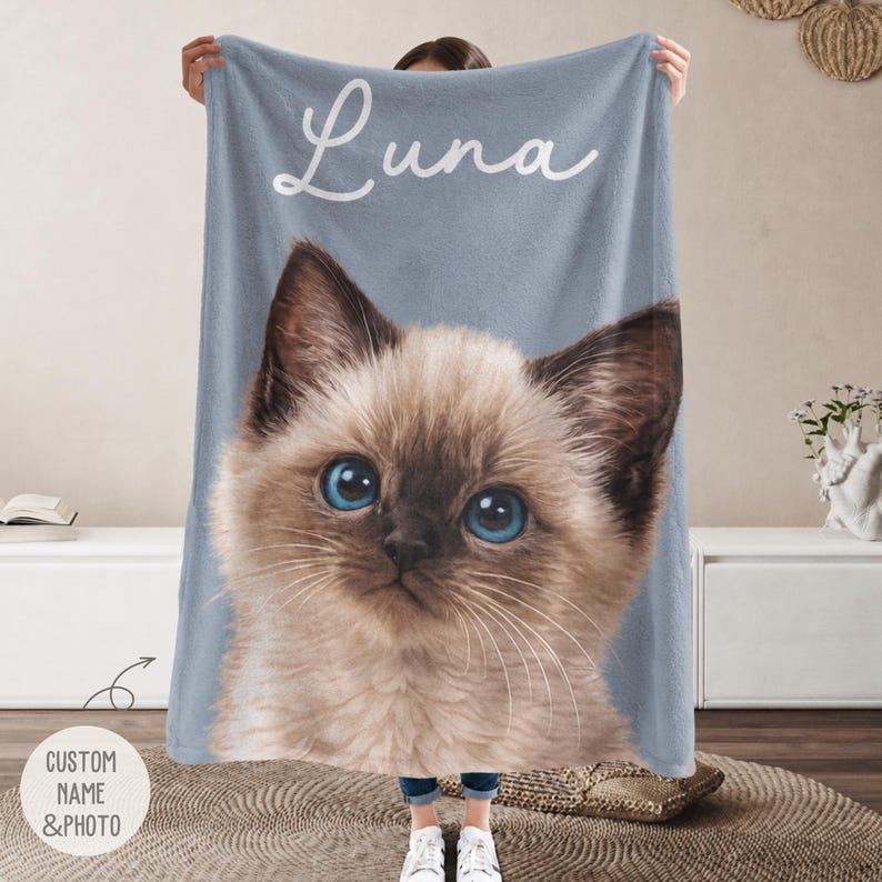 Custom cat photo blanket with personalized name, cozy pet portrait throw, best friend bestie gift