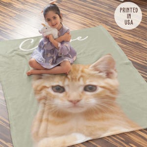 Girl hugging custom cat photo blanket, personalized cat name throw, best friend bestie keepsake gift
