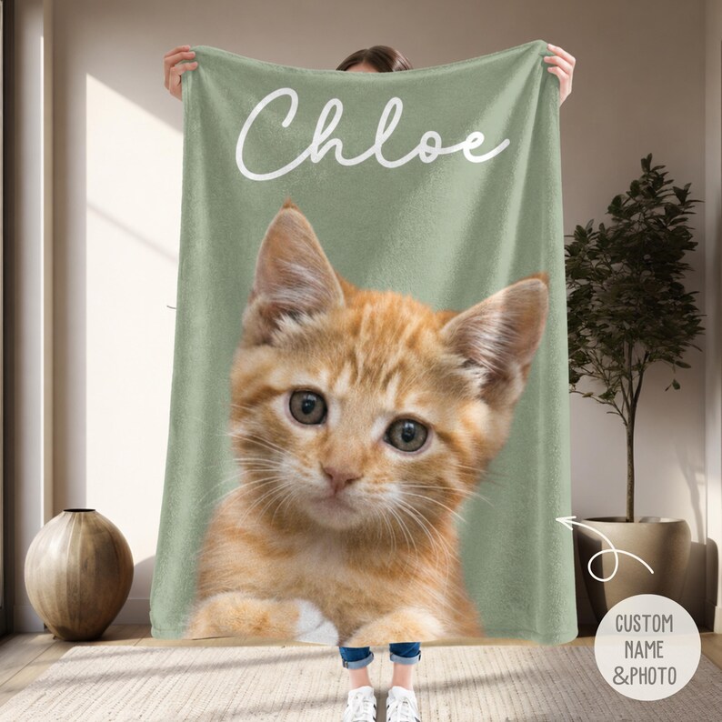 Custom cat photo blanket in cozy home setting, personalized name throw, bestie friend gift