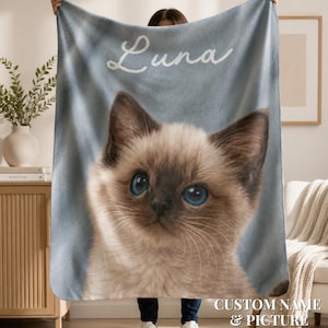 Custom cat mom memorial blanket with personalized cat portrait and name text, pet loss keepsake rainbow bridge gift