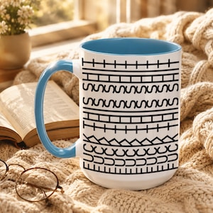 White ceramic hidden message mug with minimalist black pattern design that reveals a funny sarcastic phrase inside, perfect as an office humor gift for coworkers, bosses, friends, or Secret Santa exchanges.