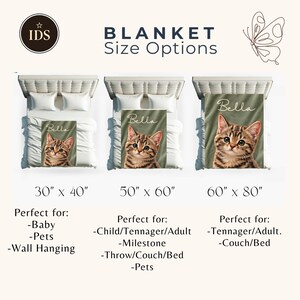 Custom cat photo blanket in velveteen and sherpa fleece, personalized pet photo throw available in multiple colors and sizes