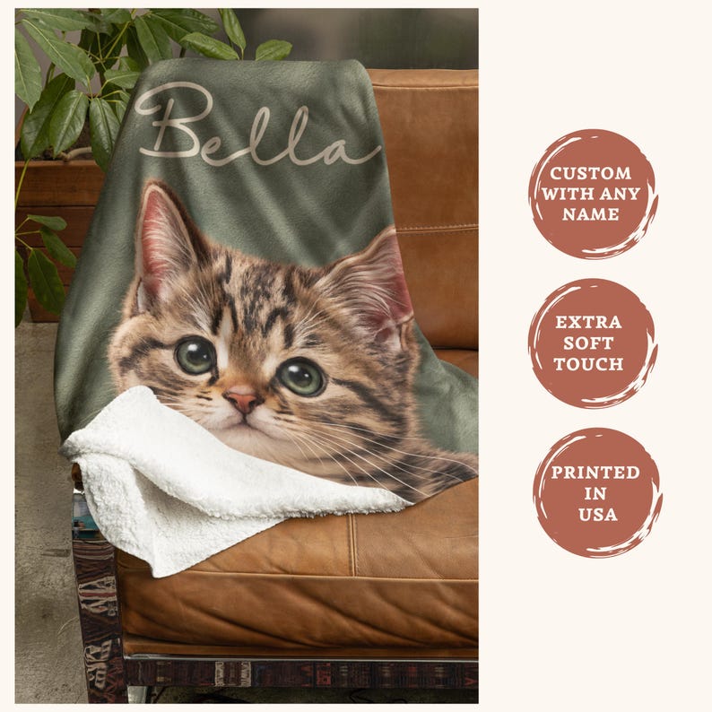 Custom cat photo blanket color swatches, personalized name and picture sherpa blanket, bestie gift