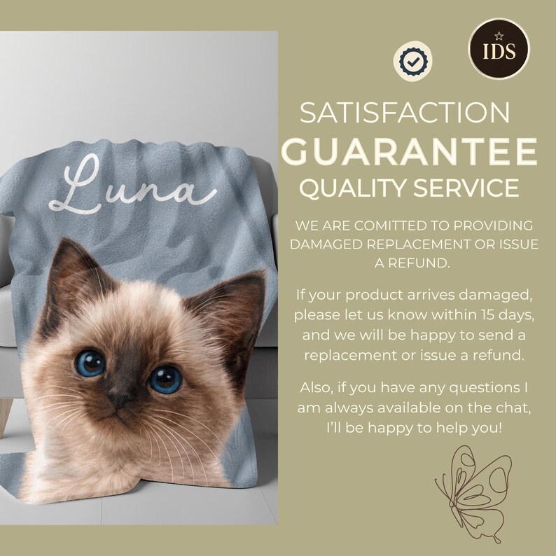Custom cat mom memorial blanket with personalized cat portrait and name text, pet loss keepsake rainbow bridge gift
Satisfaction guarantee badge for personalized blankets, free replacement or refund for damaged orders