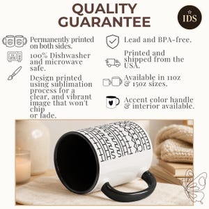 White ceramic hidden message mug with minimalist black pattern design that reveals a funny sarcastic phrase inside, perfect as an office humor gift for coworkers, bosses, friends, or Secret Santa exchanges.