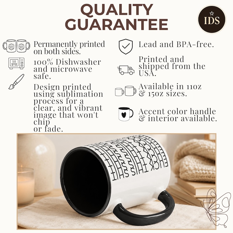 White ceramic hidden message mug with minimalist black pattern design that reveals a funny sarcastic phrase inside, perfect as an office humor gift for coworkers, bosses, friends, or Secret Santa exchanges.