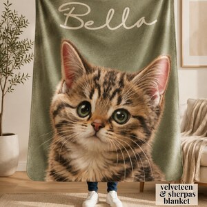 Custom cat photo blanket with personalized cat portrait and name text, best friend bestie gift, long distance friend keepsake