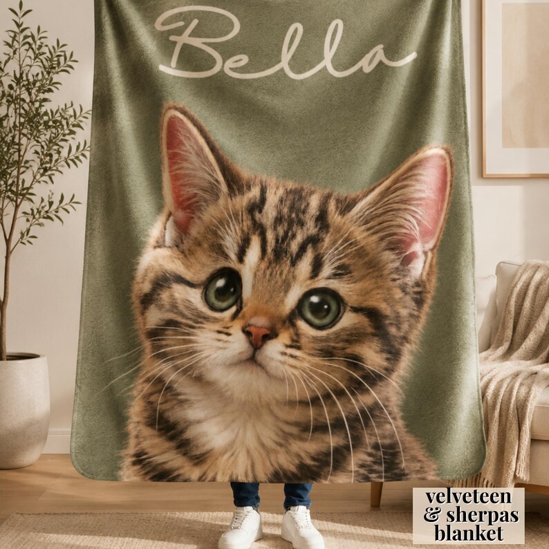 Custom cat photo blanket with personalized cat portrait and name text, best friend bestie gift, long distance friend keepsake