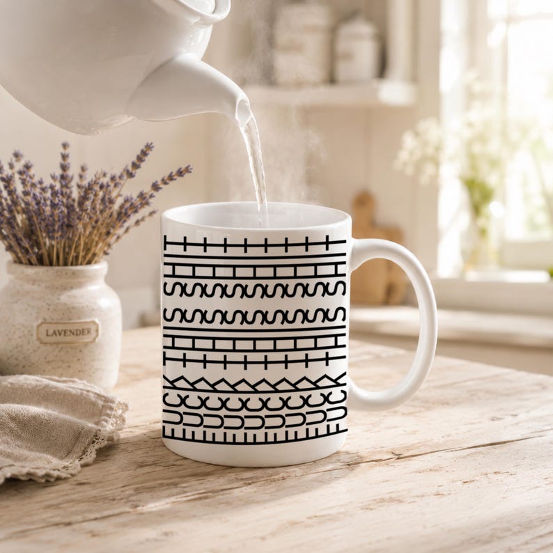 White ceramic hidden message mug with minimalist black pattern design that reveals a funny sarcastic phrase inside, perfect as an office humor gift for coworkers, bosses, friends, or Secret Santa exchanges.