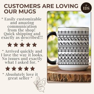 White ceramic hidden message mug with minimalist black pattern design that reveals a funny sarcastic phrase inside, perfect as an office humor gift for coworkers, bosses, friends, or Secret Santa exchanges.