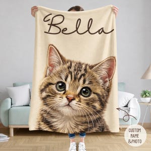 Close-up of custom cat photo blanket with personalized name, cat lover gift, best friend bestie keepsake