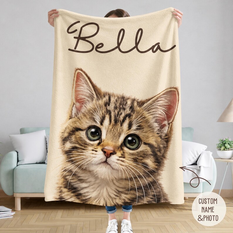 Close-up of custom cat photo blanket with personalized name, cat lover gift, best friend bestie keepsake