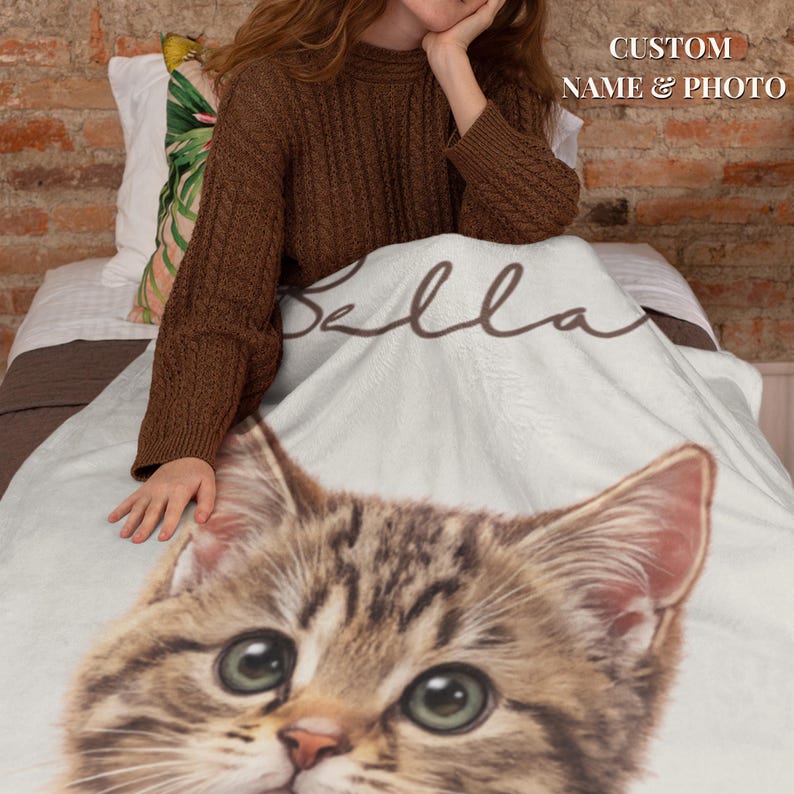 Folded custom cat photo blanket with personalized name, soft cozy throw, best friend bestie gift