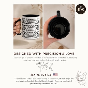 White ceramic hidden message mug with minimalist black pattern design that reveals a funny sarcastic phrase inside, perfect as an office humor gift for coworkers, bosses, friends, or Secret Santa exchanges.