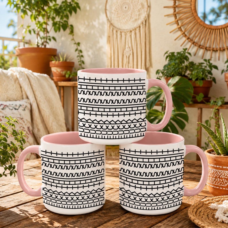 White ceramic hidden message mug with minimalist black pattern design that reveals a funny sarcastic phrase inside, perfect as an office humor gift for coworkers, bosses, friends, or Secret Santa exchanges.