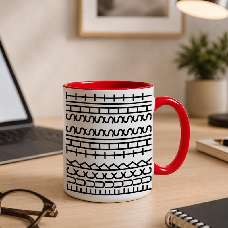 White ceramic hidden message mug with minimalist black pattern design that reveals a funny sarcastic phrase inside, perfect as an office humor gift for coworkers, bosses, friends, or Secret Santa exchanges.