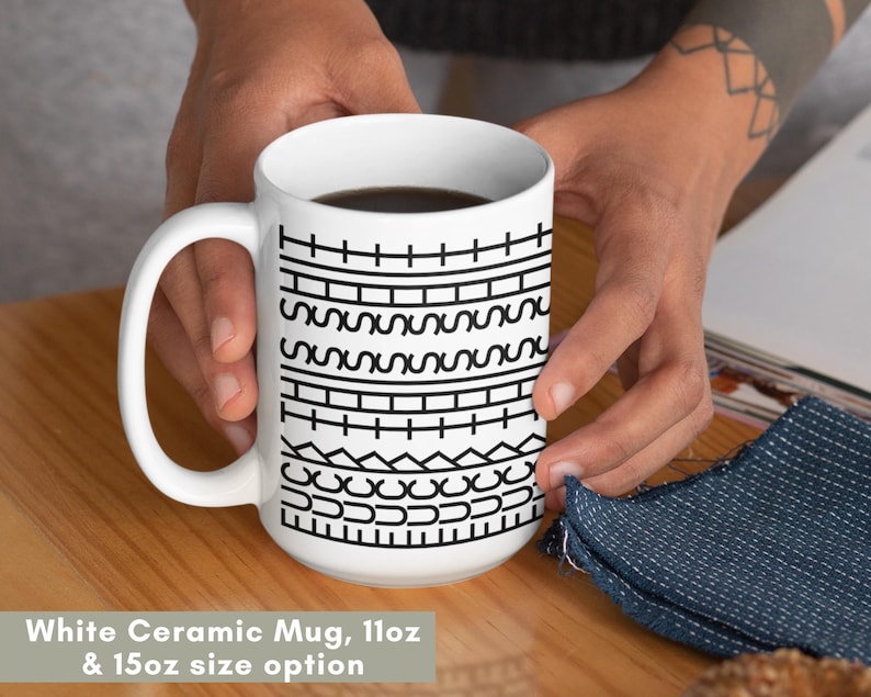 White ceramic hidden message mug with minimalist black pattern design that reveals a funny sarcastic phrase inside, perfect as an office humor gift for coworkers, bosses, friends, or Secret Santa exchanges.
