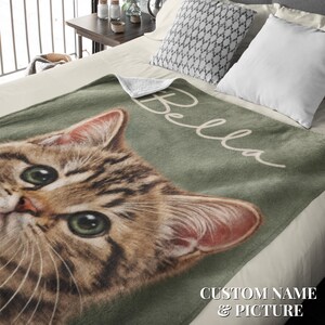 Custom cat photo blanket outdoor lifestyle shot, personalized name, cat lover bestie gift