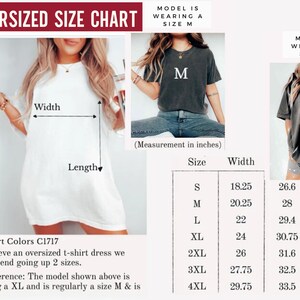 May include: Oversized t-shirt size chart with measurements in inches. The chart includes sizes S to 4XL, with width and length measurements. The image also shows models wearing M and XL shirts.