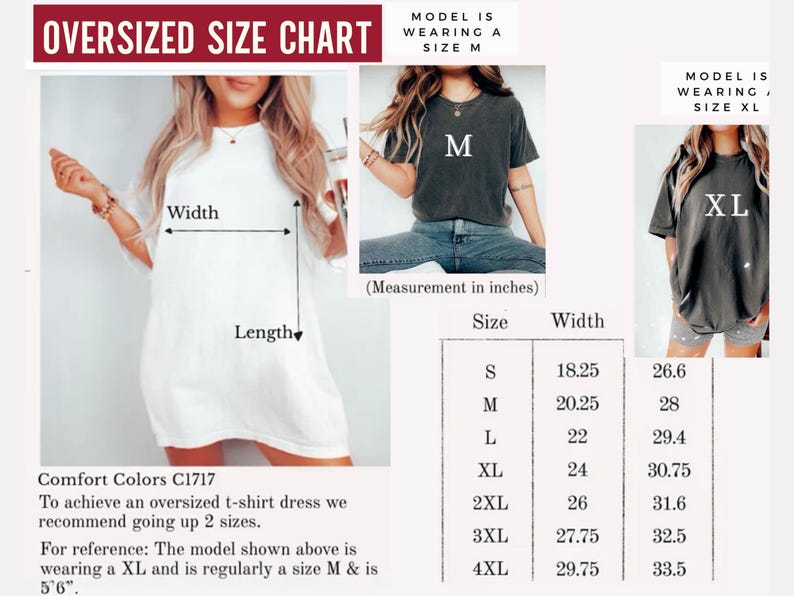 May include: Oversized t-shirt size chart with measurements in inches. The chart includes sizes S to 4XL, with width and length measurements. The image also shows models wearing M and XL shirts.