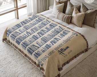 Booktok Merch Custom Name Blanket, Chinoiserie Bookshelf Woven Throw, Dark Academia Aesthetic Room Decor, Bookish Trendy Reading Gift