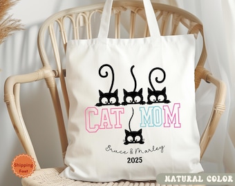 Gepersonaliseerde draagtas kattenmoeder, gepersonaliseerd kattenliefhebbercadeau, canvas tas