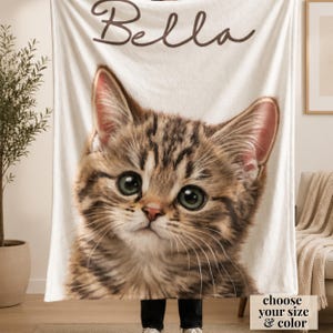 Custom cat mom memorial blanket with personalized cat portrait and name text, pet loss keepsake rainbow bridge gift