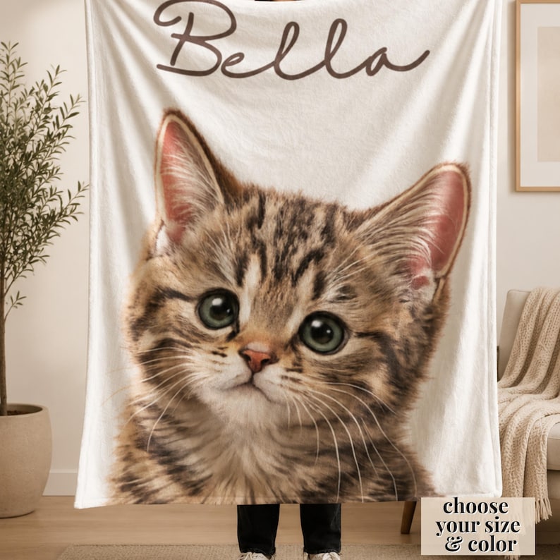 Custom cat mom memorial blanket with personalized cat portrait and name text, pet loss keepsake rainbow bridge gift