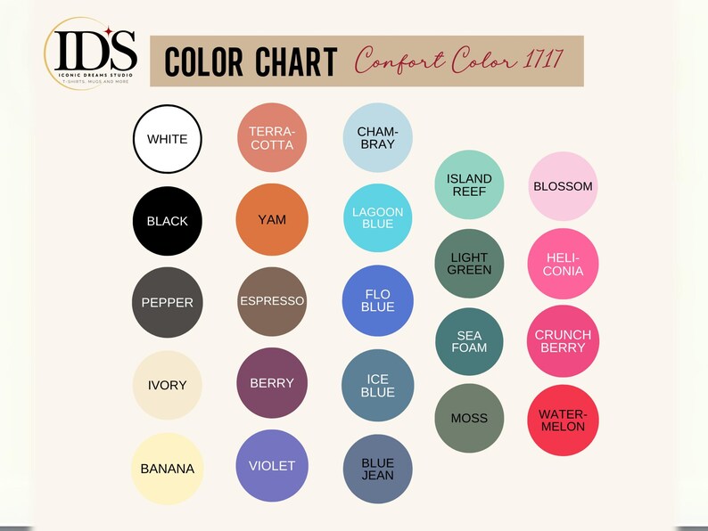 May include: Color chart with a variety of colors, including white, black, terra-cotta, yam, and espresso. The chart is labeled "COLOR CHART" and "Comfort Color 1717". Each color is displayed in a circular shape with the color name.