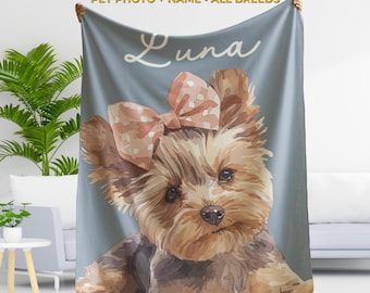 Pet Memory Gift Blanket, Custom Dog Portrait Photo Throw, Personalized Cat Memorial Keepsake Present