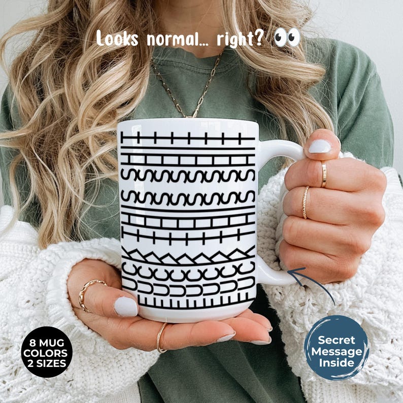 May include: A white ceramic mug featuring a black graphic pattern of horizontal lines, zigzags, and the text "FUCK THIS SHIT" integrated into the design. The mug has a curved handle and is displayed with text overlays stating "Looks normal... right?" and "Secret Message Inside".
