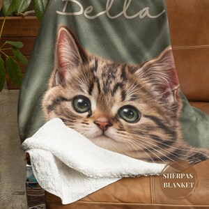 Custom cat mom memorial blanket with personalized cat portrait and name text, pet loss keepsake rainbow bridge gift