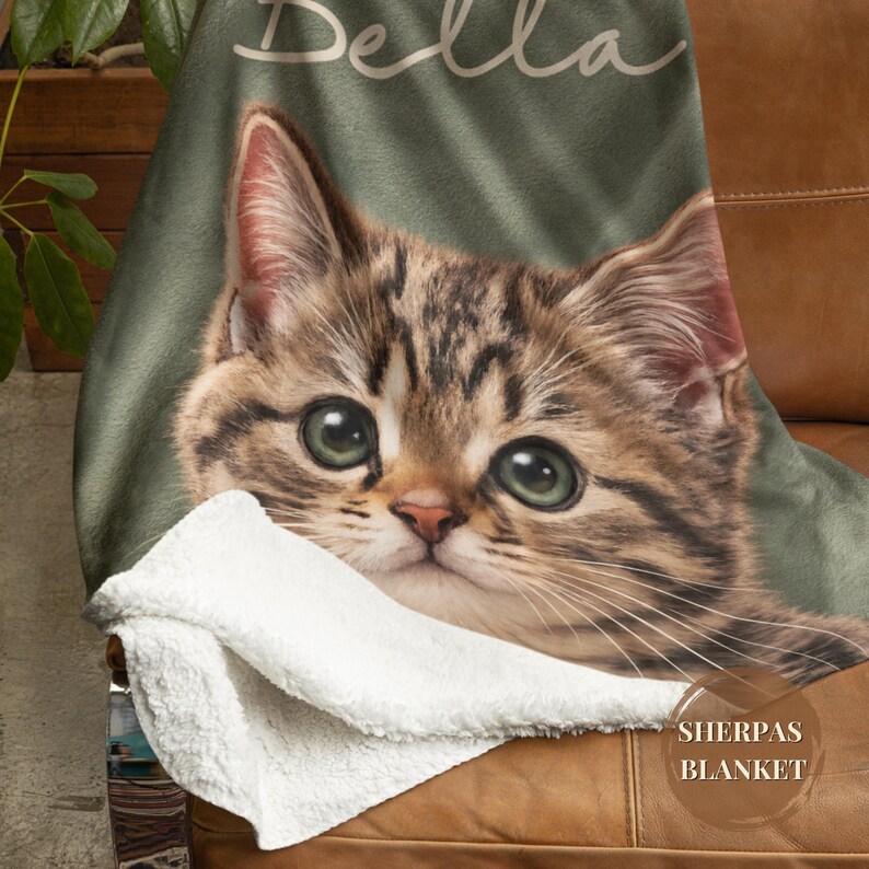 Custom cat mom memorial blanket with personalized cat portrait and name text, pet loss keepsake rainbow bridge gift