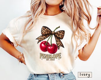 Personalized Cherry Leopard Bow T-Shirt - Custom Name Est. Date Tee