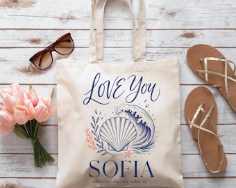Personalized Coastal Canvas Tote Bag, Custom Name Beach Lover Gift