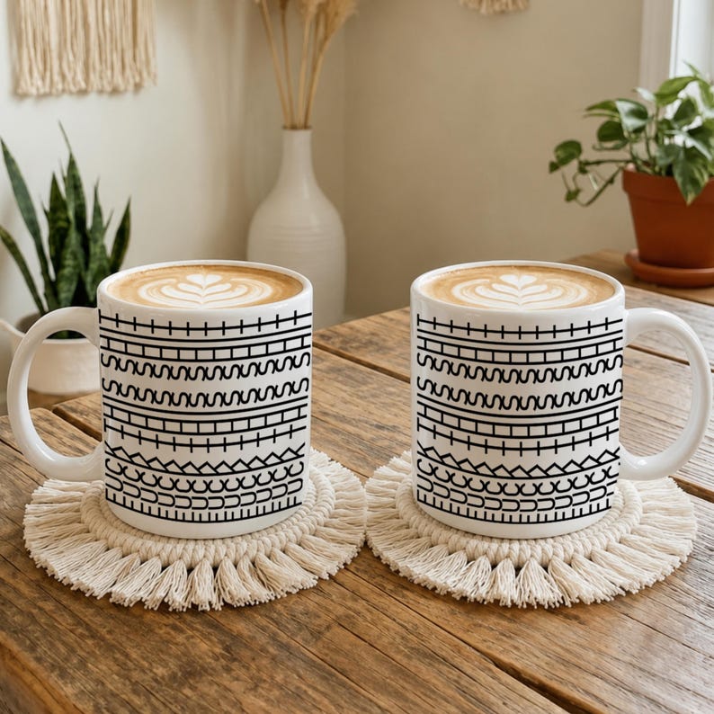 White ceramic hidden message mug with minimalist black pattern design that reveals a funny sarcastic phrase inside, perfect as an office humor gift for coworkers, bosses, friends, or Secret Santa exchanges.