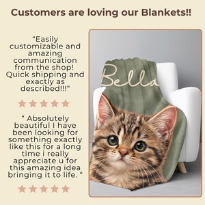 Custom cat mom memorial blanket with personalized cat portrait and name text, pet loss keepsake rainbow bridge gift
Customer review graphic showing five-star reviews for personalized blankets