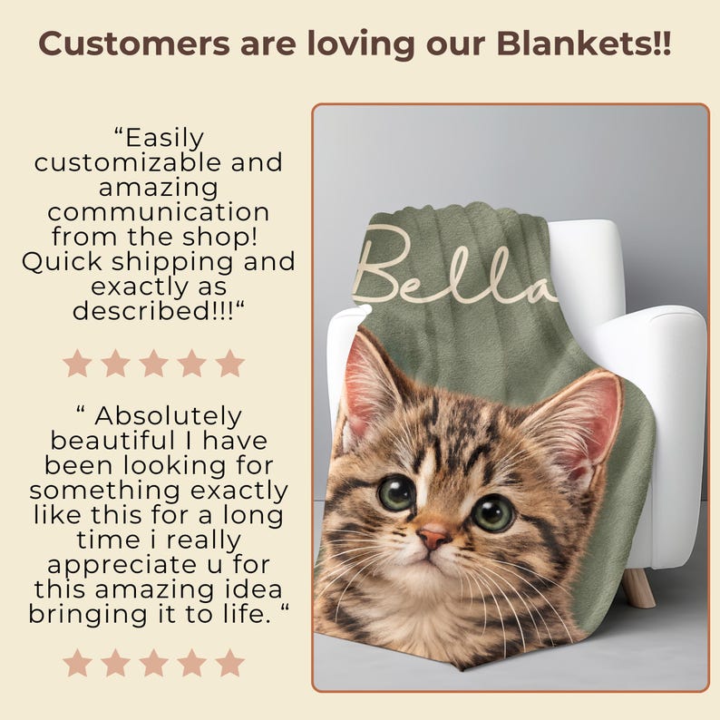 Custom cat mom memorial blanket with personalized cat portrait and name text, pet loss keepsake rainbow bridge gift
Customer review graphic showing five-star reviews for personalized blankets