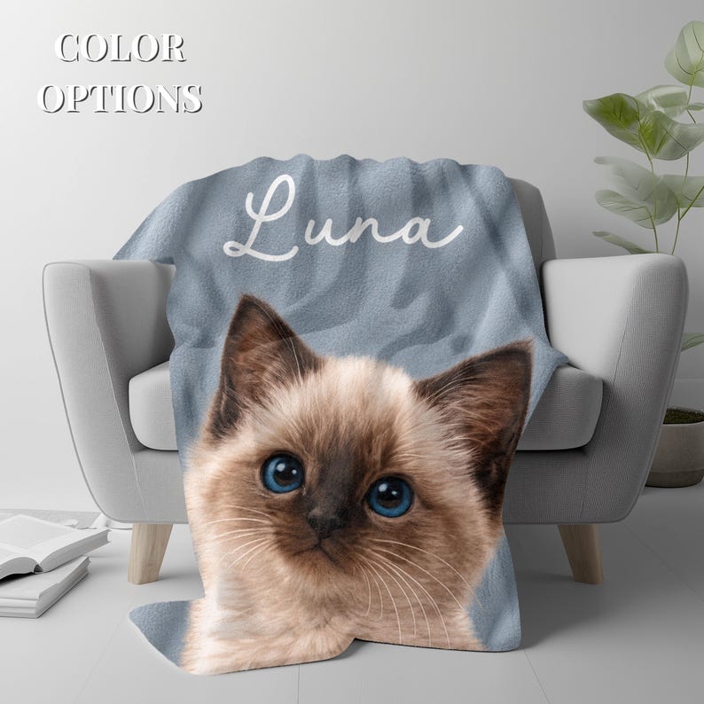 Custom cat photo blanket lifestyle photo with personalized name, best friend bestie keepsake gift
