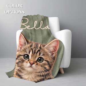Custom cat photo blanket color options with personalized name, best friend bestie gift choices