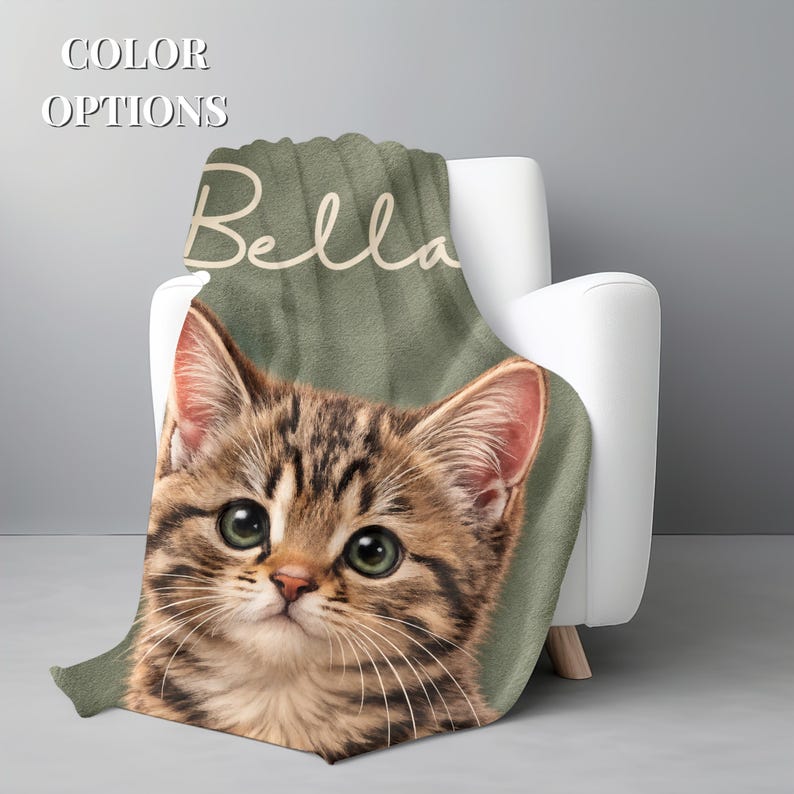 Custom cat photo blanket color options with personalized name, best friend bestie gift choices