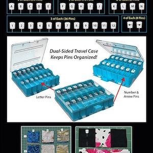 May include: A set of "Magic Pins" for quilting, featuring alphabet letters, numbers, and arrows. The set includes a dual-sided travel case to keep the pins organized. The pins are heat resistant and fine, measuring 2 inches (50mm) in length.